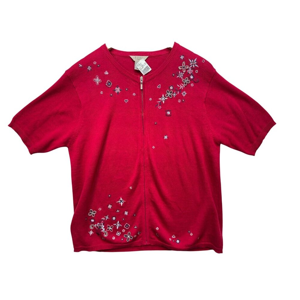 Vintage Teddi Knitted Cardigan Sweater Size M Red Embroidery Floral Full Zip NWT